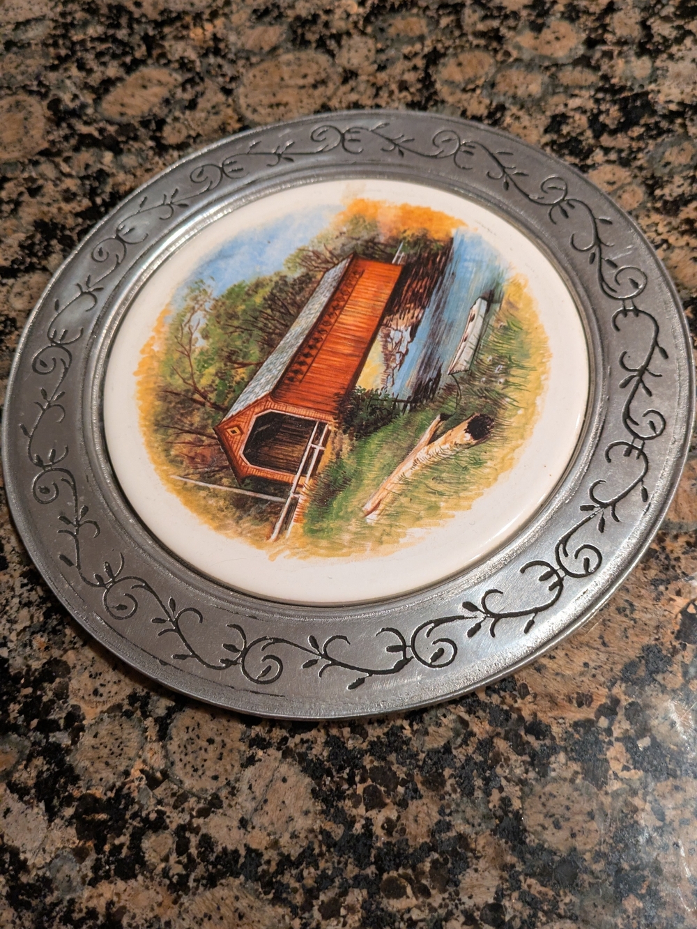Decorative Covered Bridge Ceramic Plate with Pewter-Tone Rim - Brown